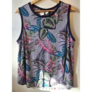 C&C California Tank Top Womens XL Blue Linen Tropical Floral Palm Print Shirt